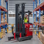 Warehouse worker operating forklift loading carton pallet boxes for shipment.